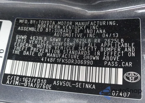 2013 Toyota Camry Le из США, поврежденный, VIN 4T4BF1FK5DR306990